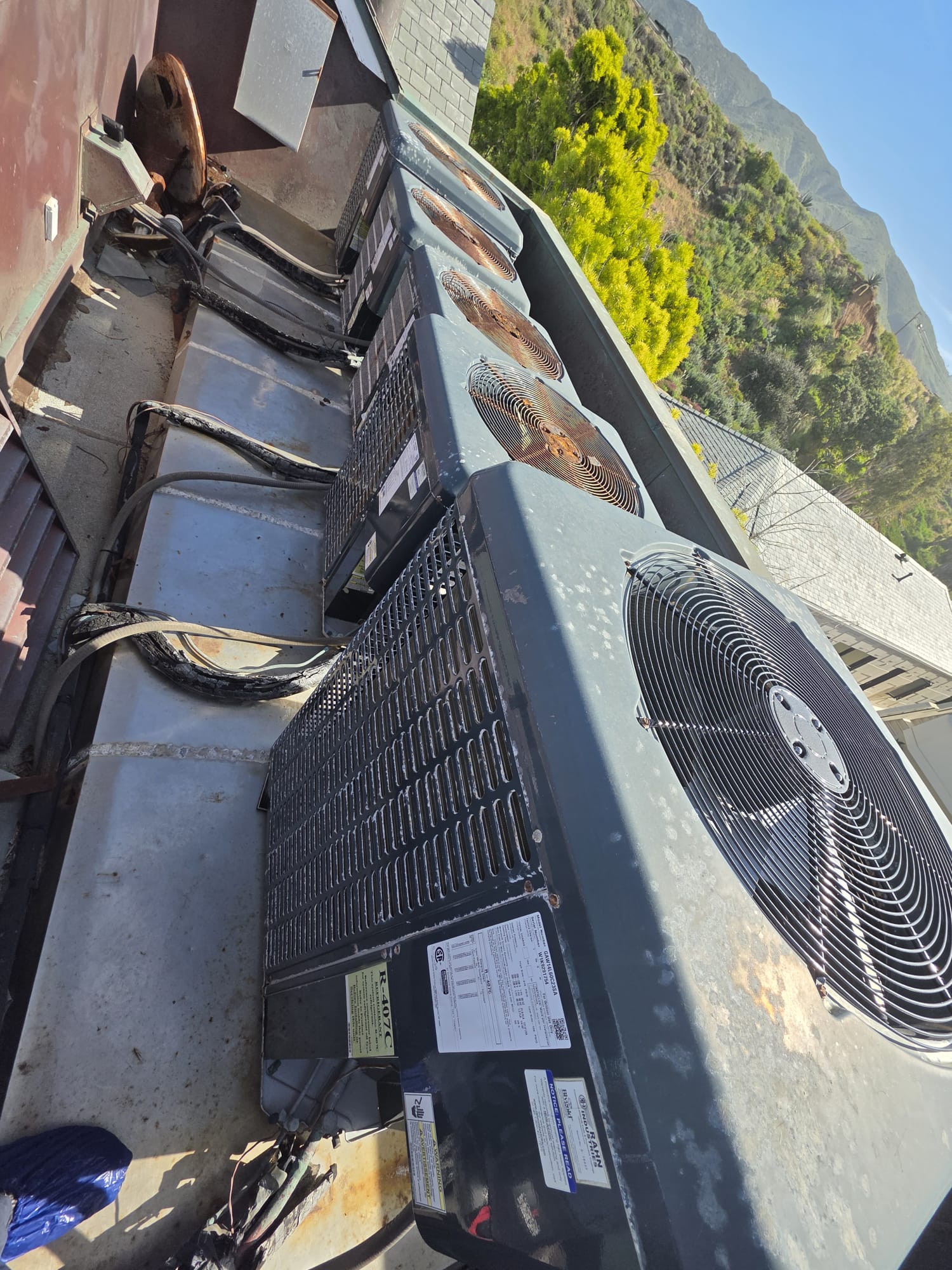 Two rooftop condensers with protected refrigerant lines