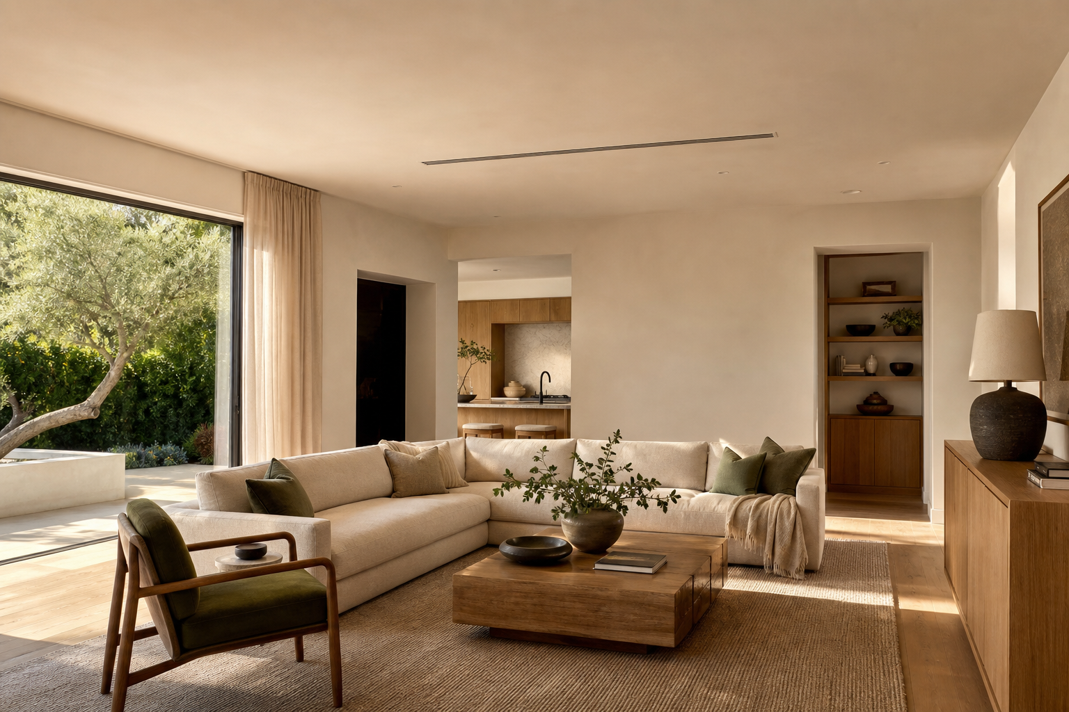 Finished high-end living room with a professionally integrated linear HVAC diffuser